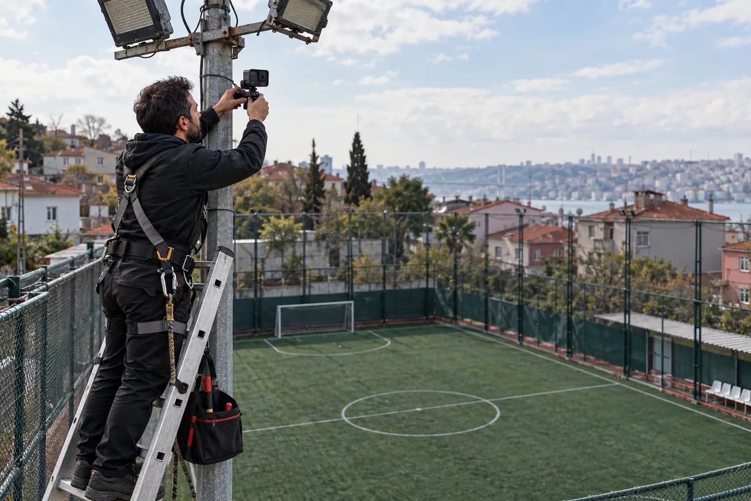Saha direğine kamera kuran teknisyen