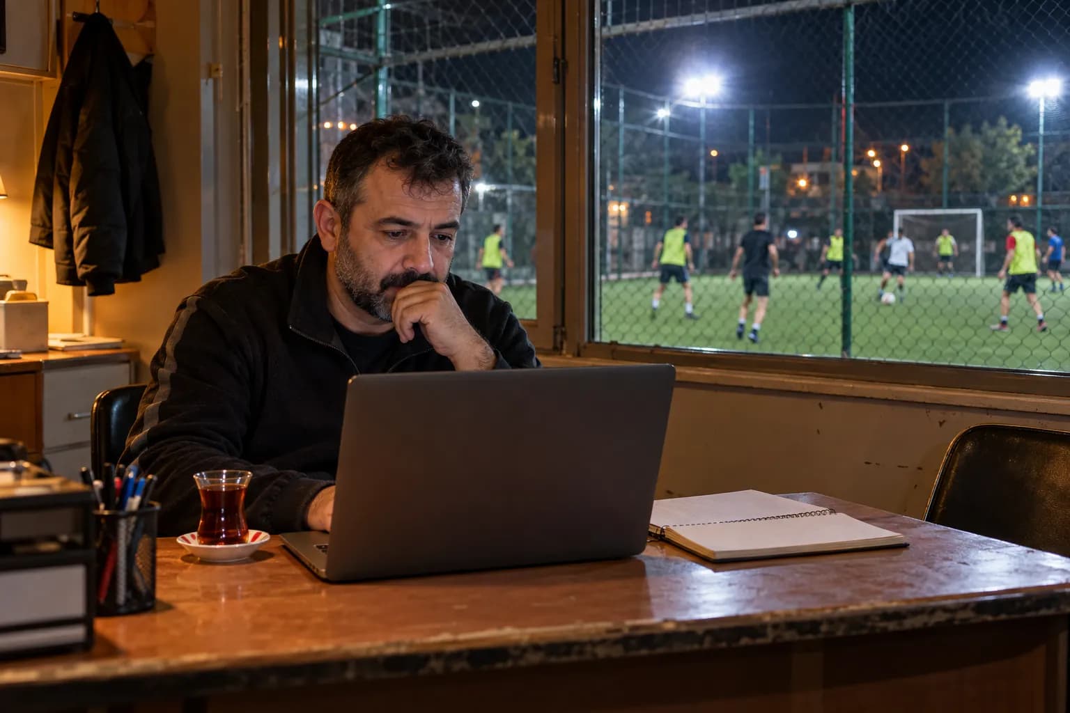 Laptop başında görüşme yapan tesis sahibi